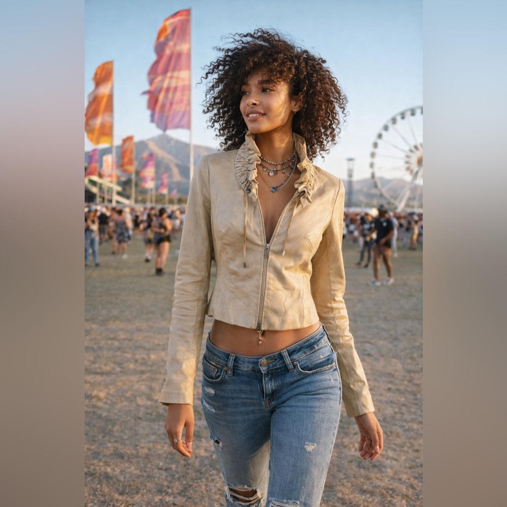 Danier Y2K 90s Leather Jacket Beige Ruffle Collar Size 2XS Fitted Moto Festival